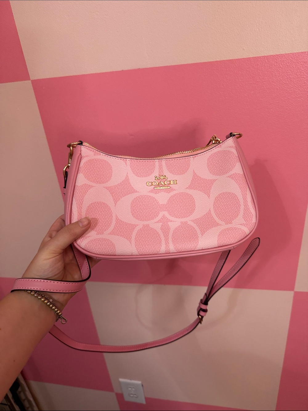 Coach Pink Signature Crossbody Bag with Gold Hardware